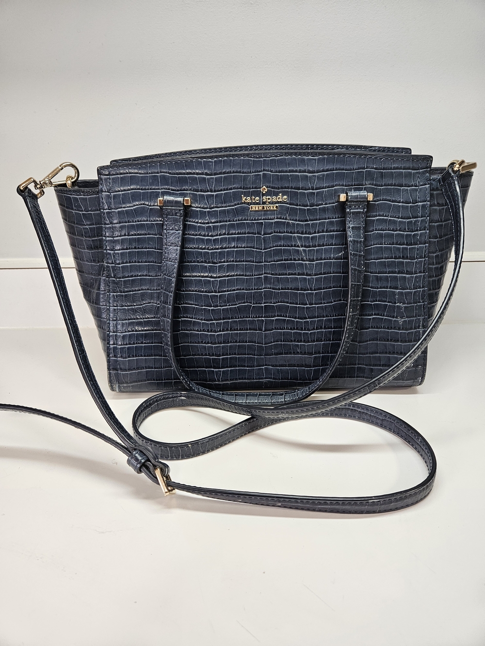 Kate Spade Small Geraldine Blue Leather Embossed Crocodile Crossbody Bag